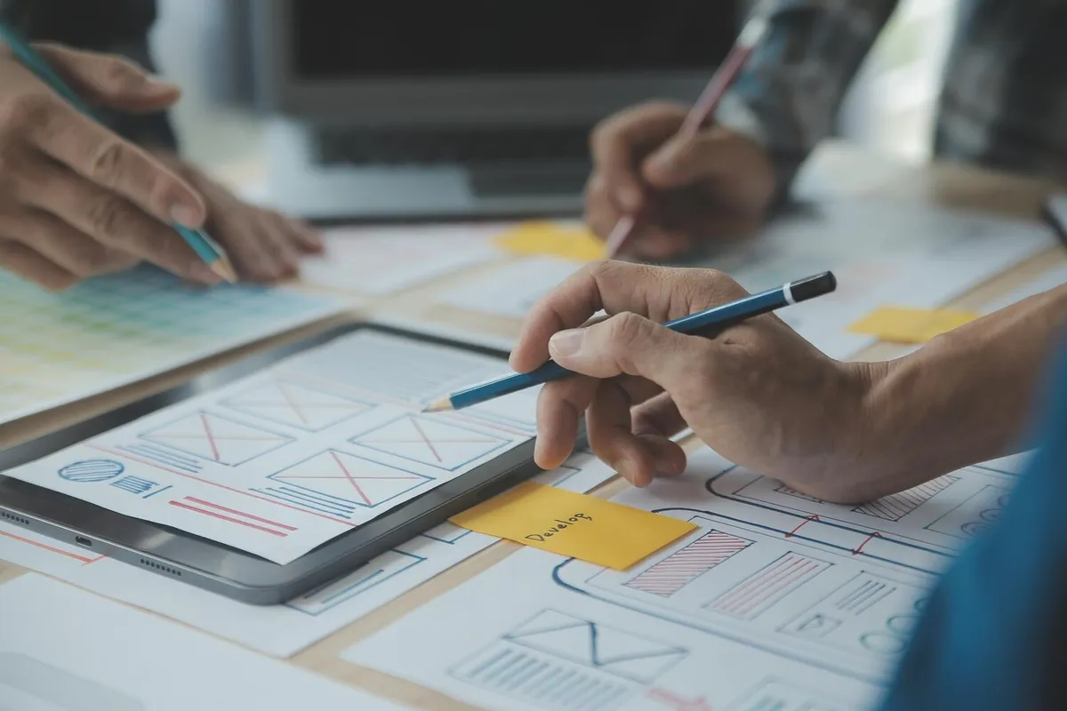 Une équipe réunie autour d'une table couverte de wireframes papier et d'une tablette, en séance de travail